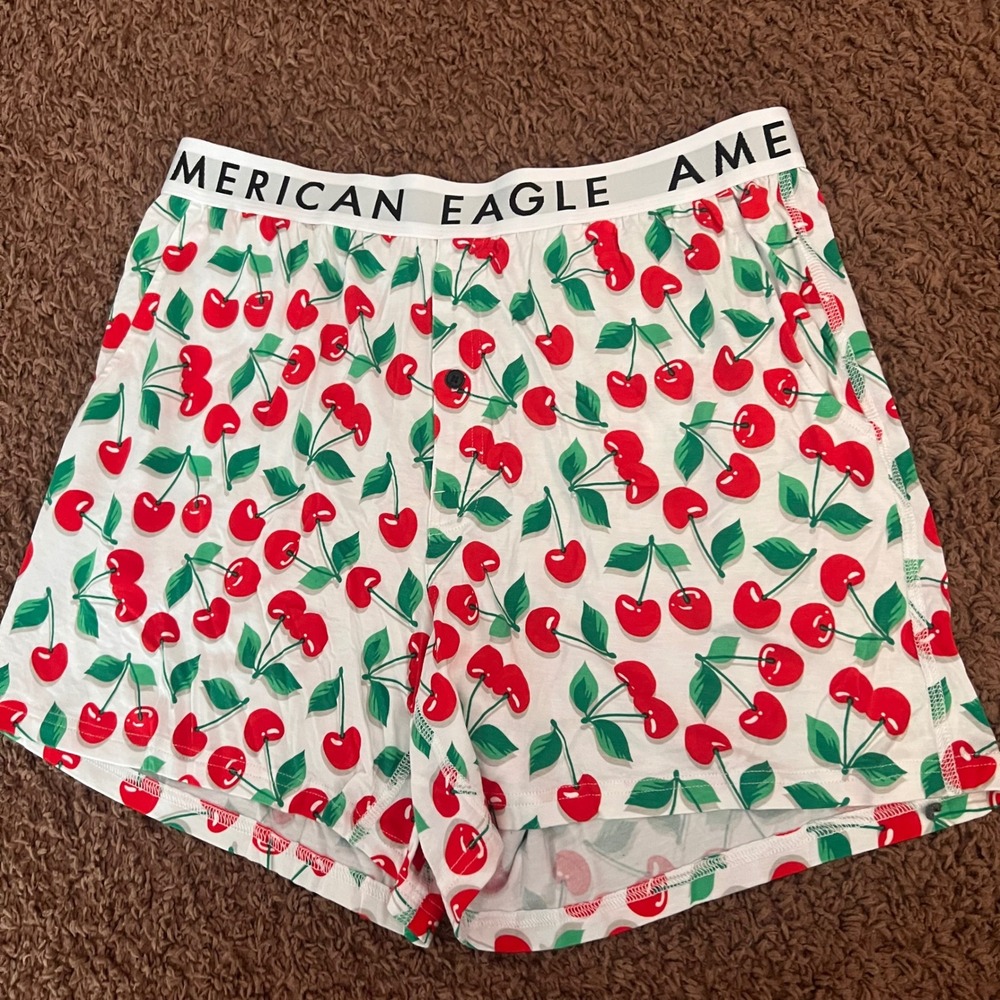 American Eagle Mens White Cherry Print Knit Relaxed Fit Boxers Button Fly Logo